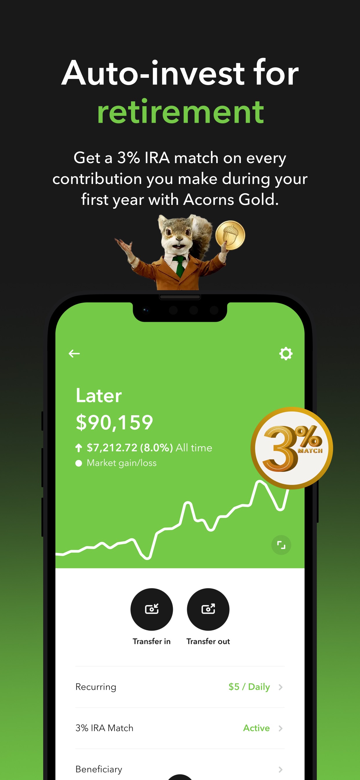 Acorns App Store screenshot: Auto-invest for retirement. Get a 3% IRA match on every contribution you make during your first year with Acorns Gold.