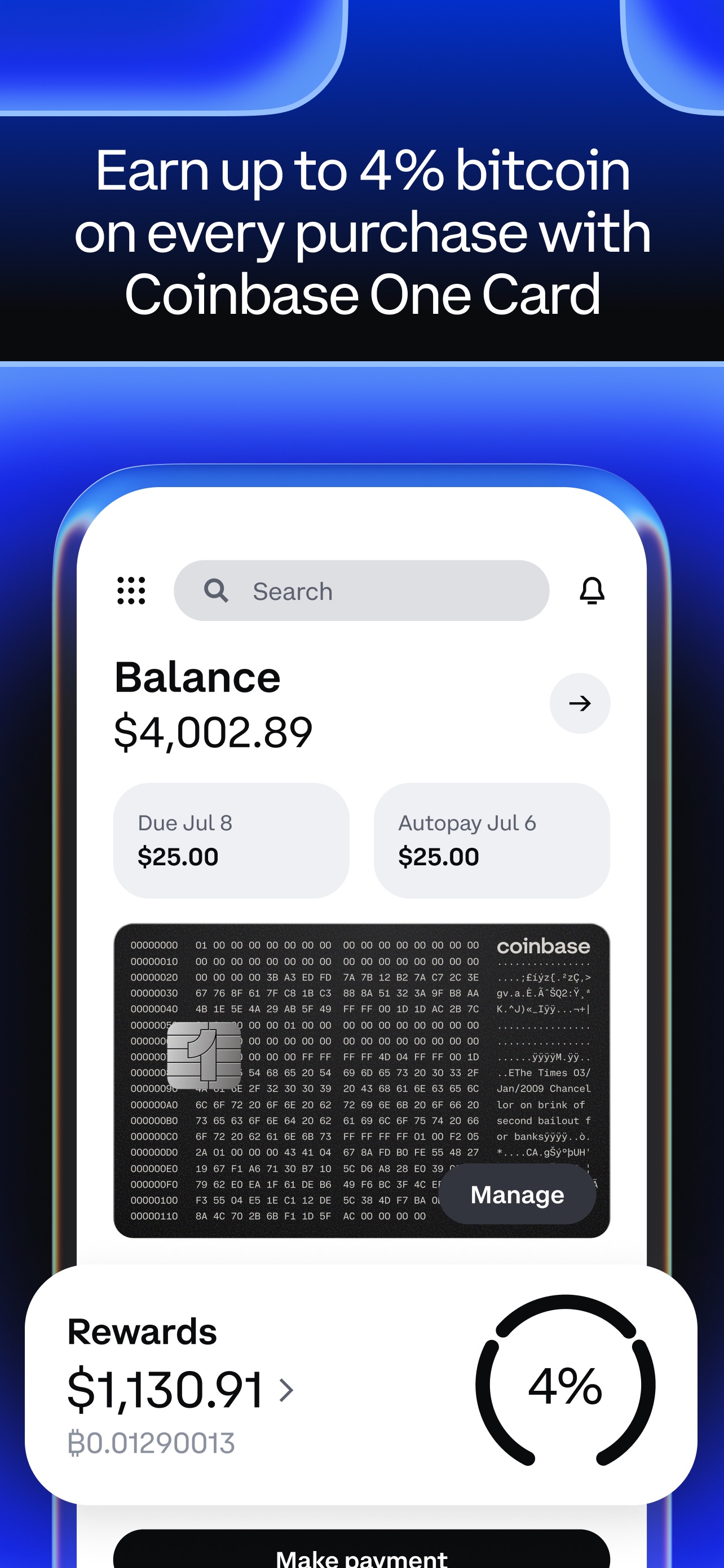 Coinbase App Store screenshot 5: Earn up to 4% bitcoin on every purchase with Coinbase One Card