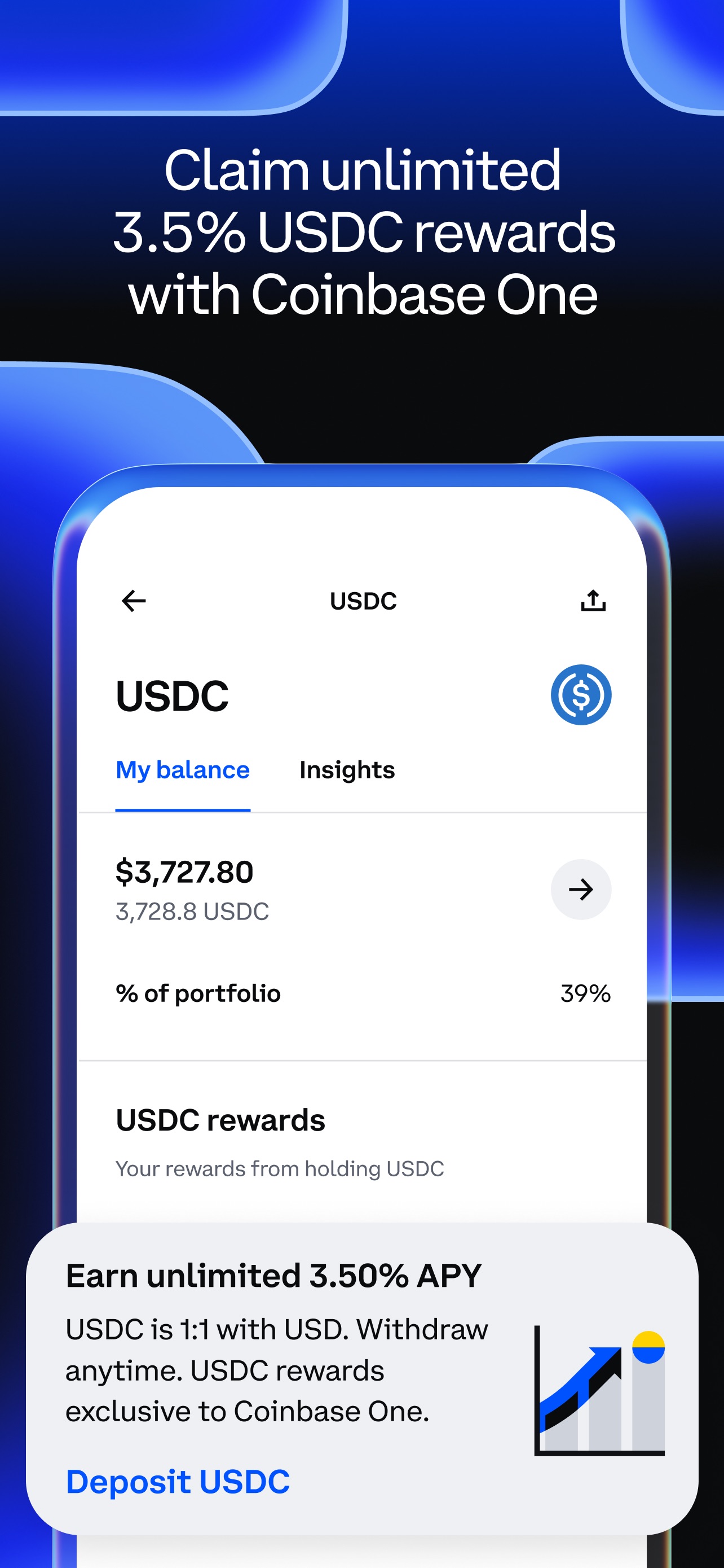 Coinbase App Store screenshot 6: Claim unlimited 3.5% USDC rewards with Coinbase One