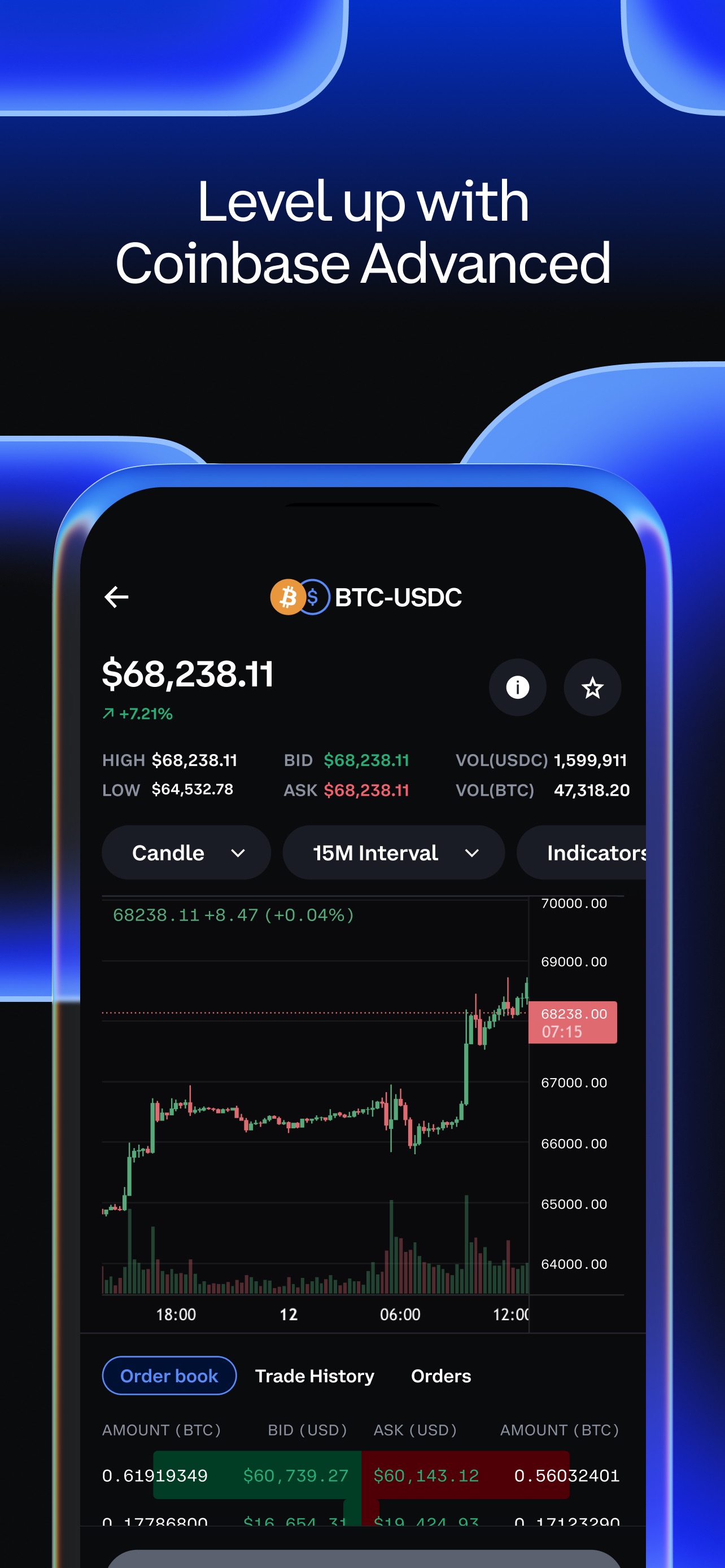 Coinbase App Store screenshot: Level up with Coinbase Advanced