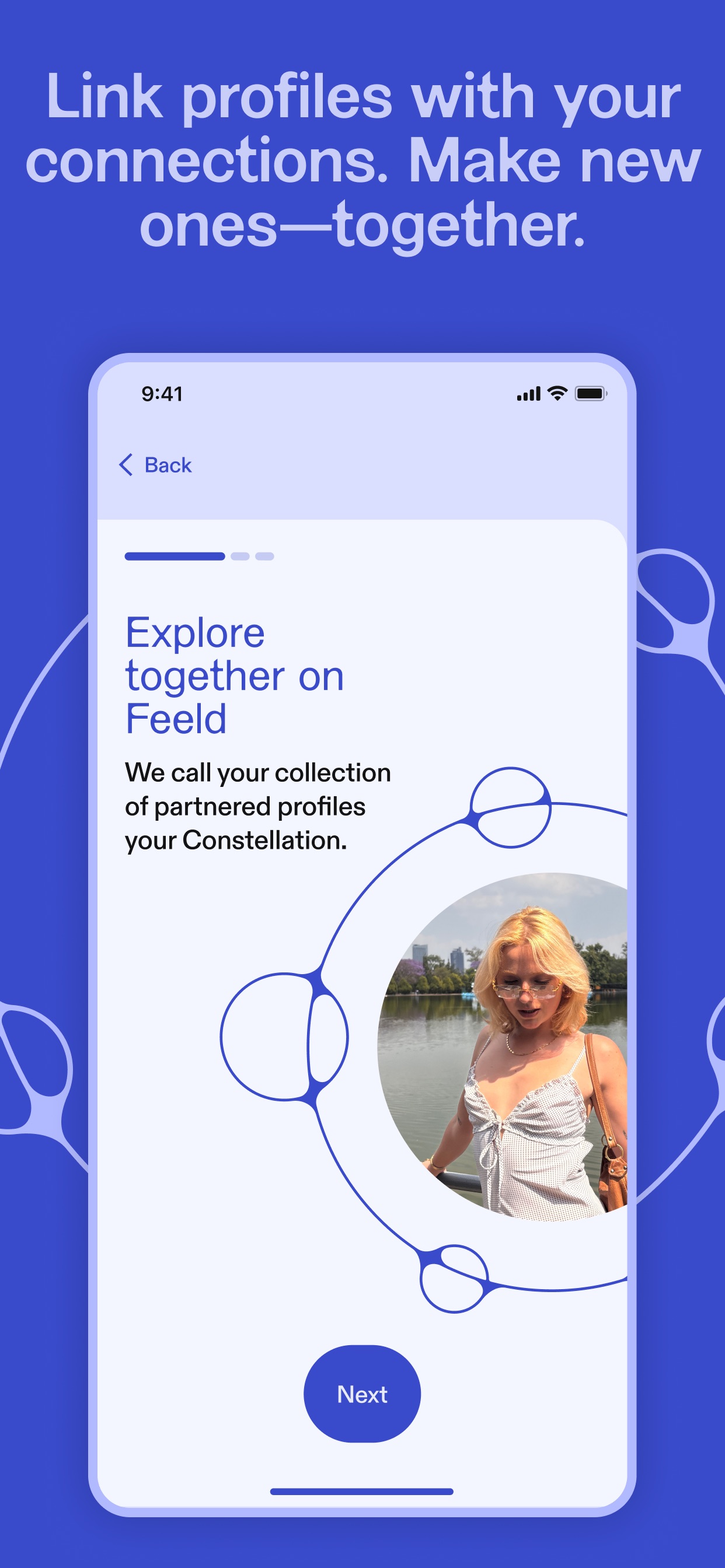 Feeld App Store screenshot: Link profiles with your connections. Make new ones-together.