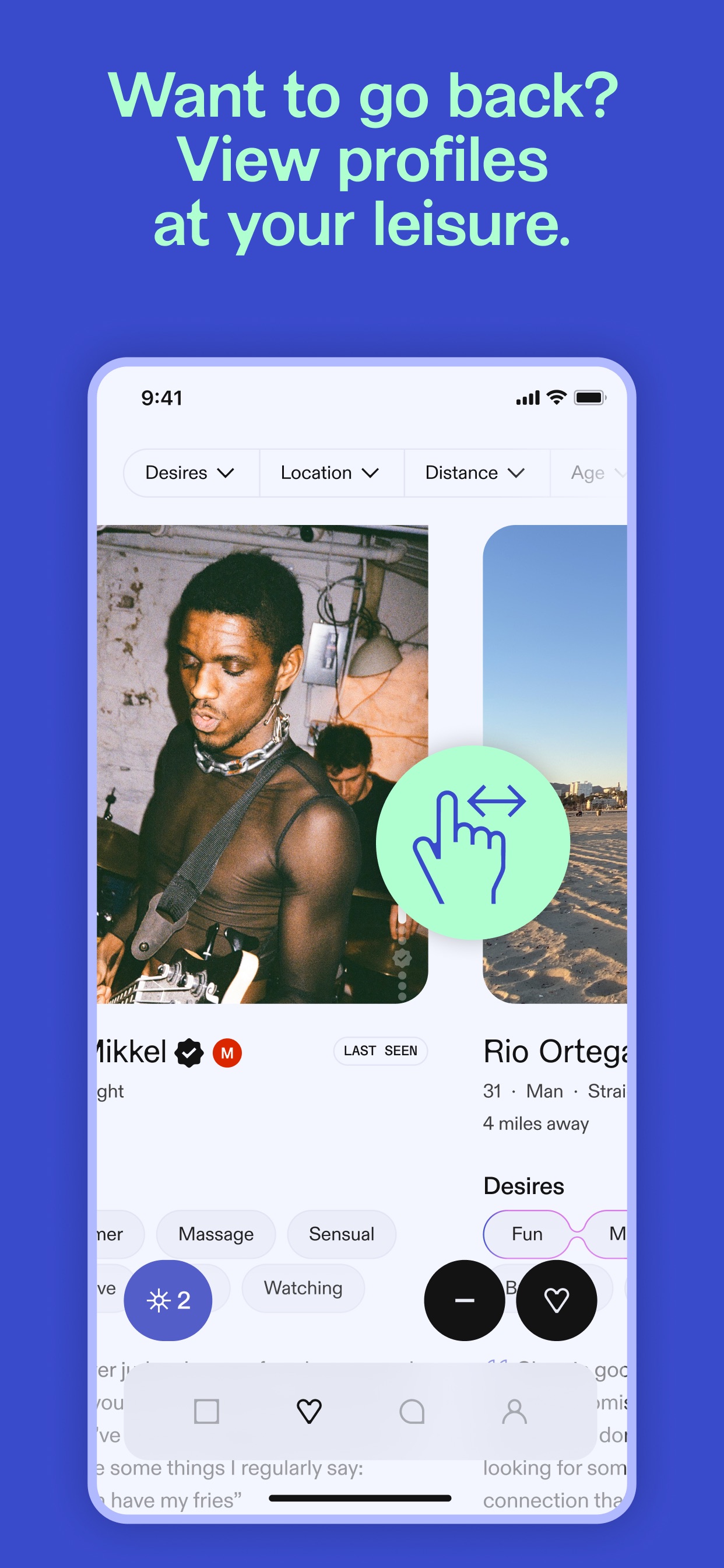 Feeld App Store screenshot 8: Want to go back? View profiles at your leisure.