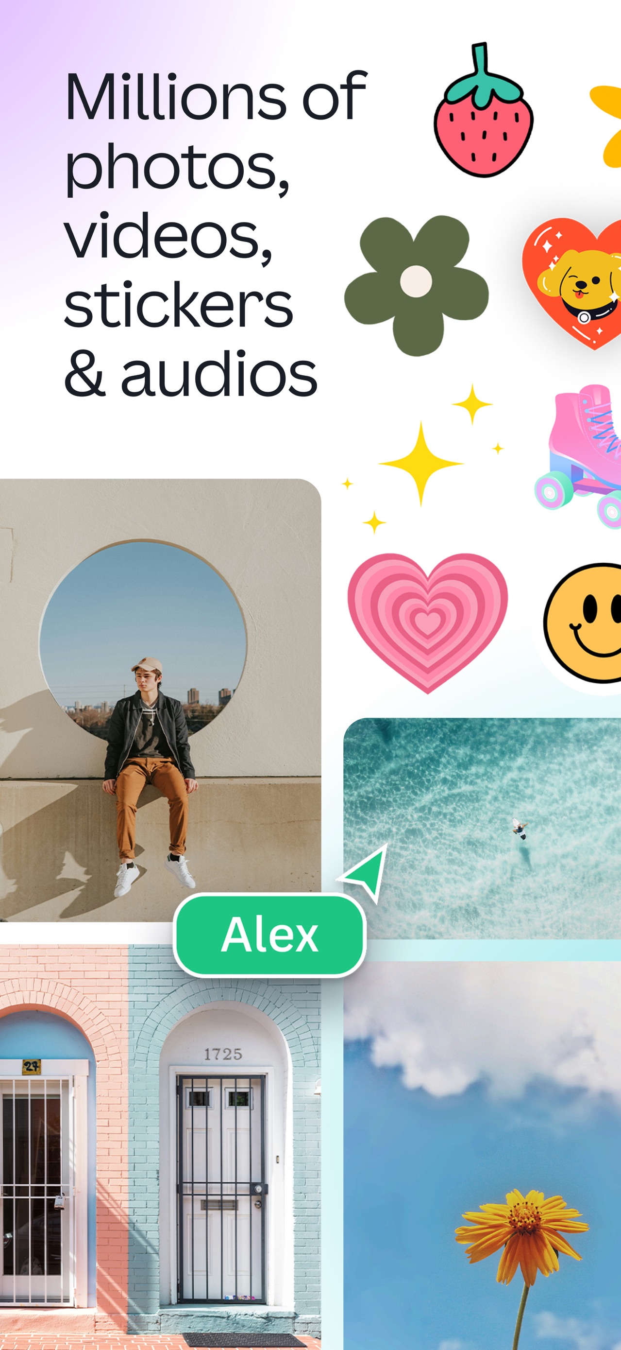 Canva App Store screenshot 10: Millions of photos, videos, stickers & audios