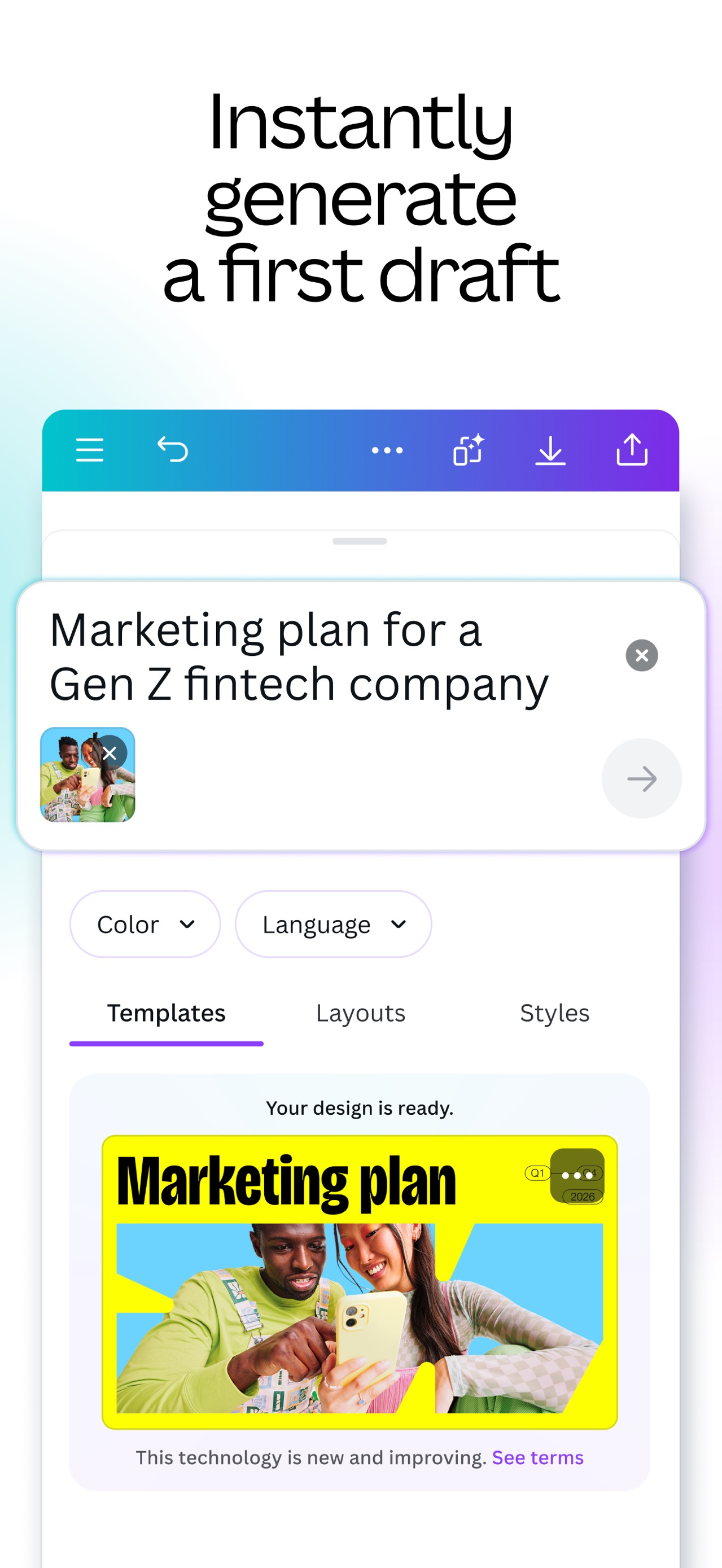 Canva App Store screenshot: Instantly generate a first draft