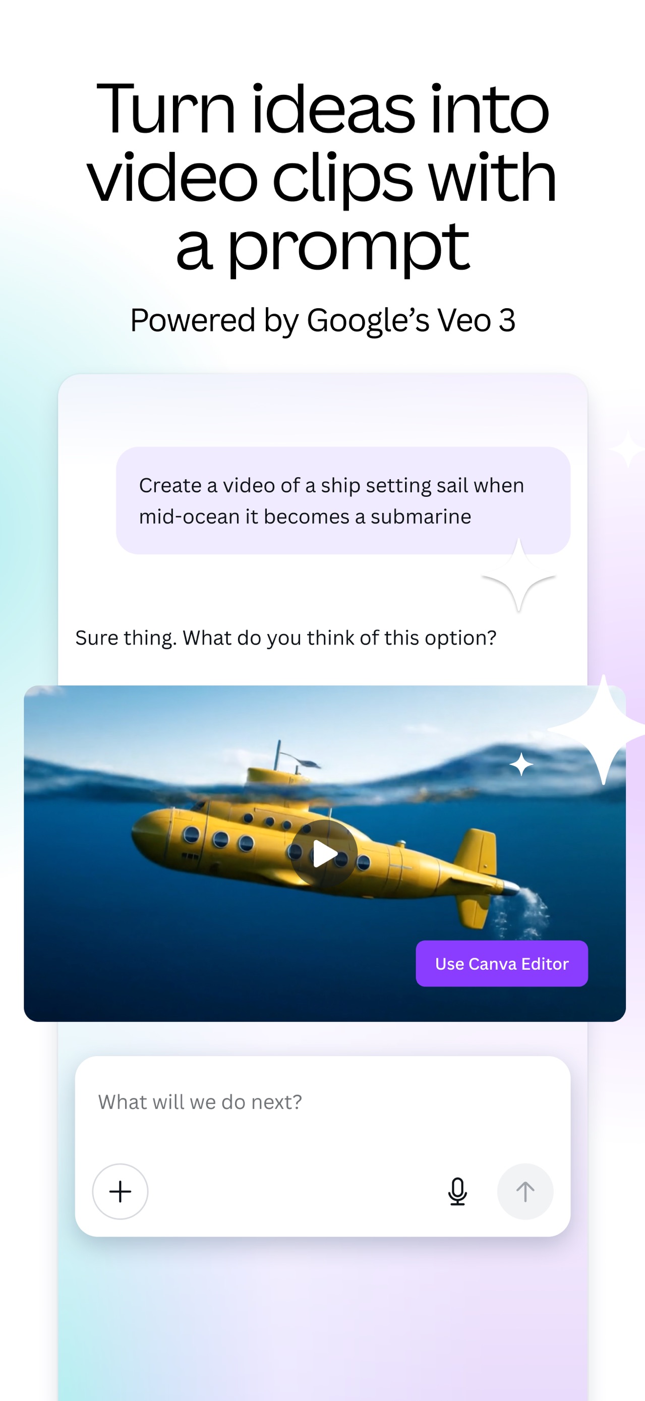 Canva App Store screenshot 6: Turn ideas into video clips with a prompt Powered by Google’s Veo 3