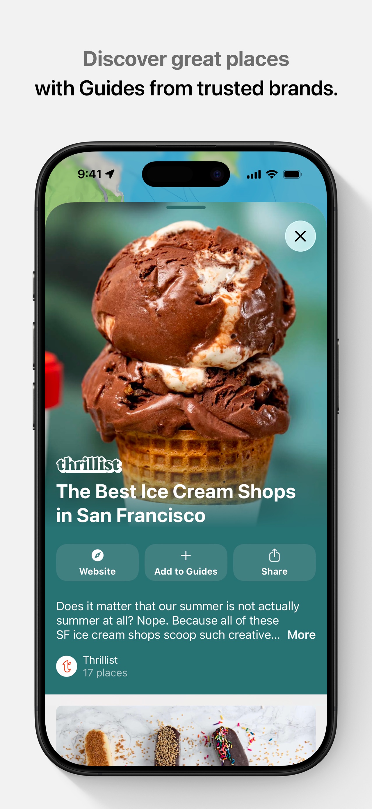Apple Maps App Store screenshot: Discover great places with Guides from trusted brands.