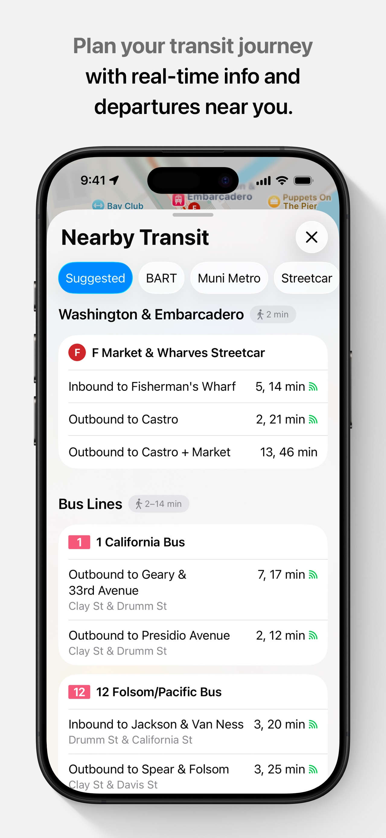 Apple Maps App Store screenshot: Plan your transit journey with real-time info and departures near you.
