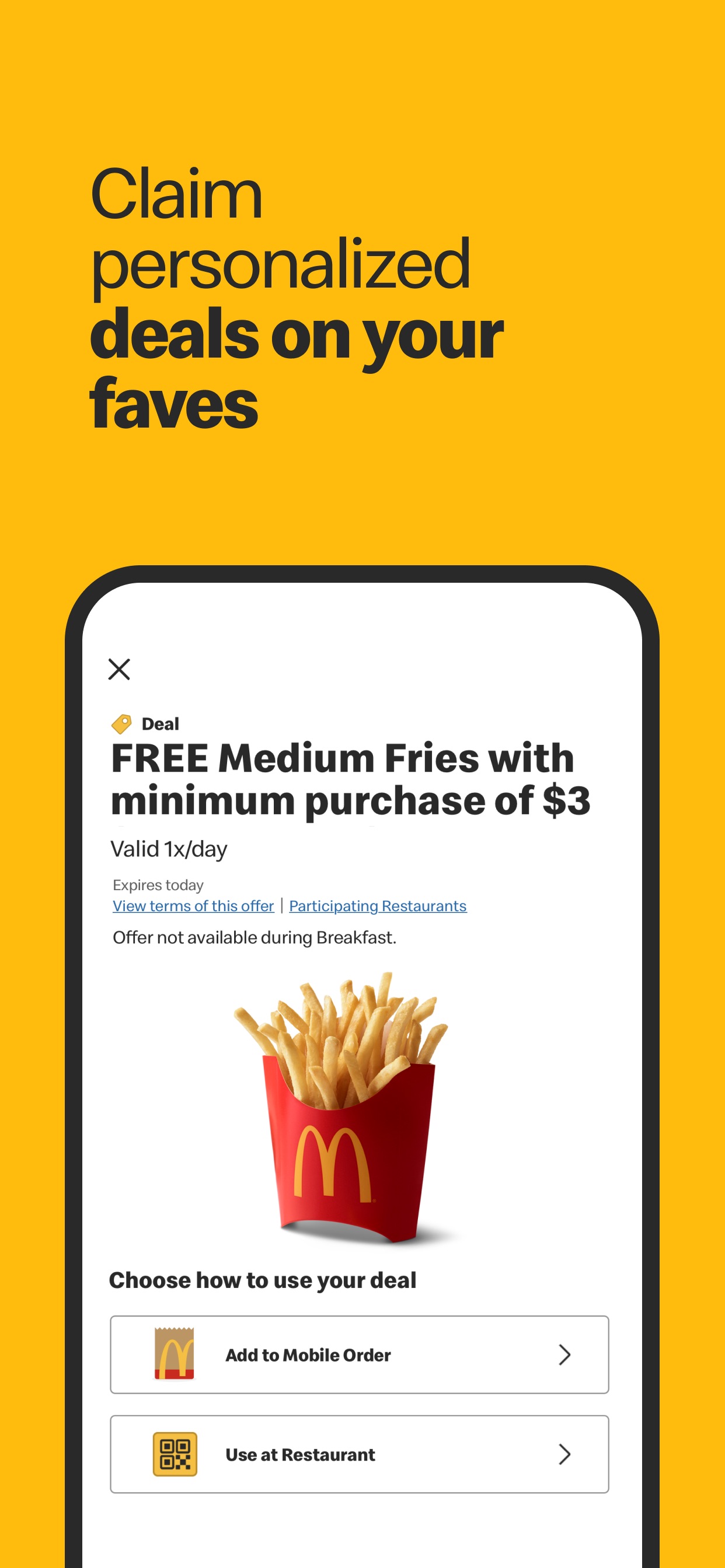 McDonald's App Store screenshot: Claim personalized deals on your faves