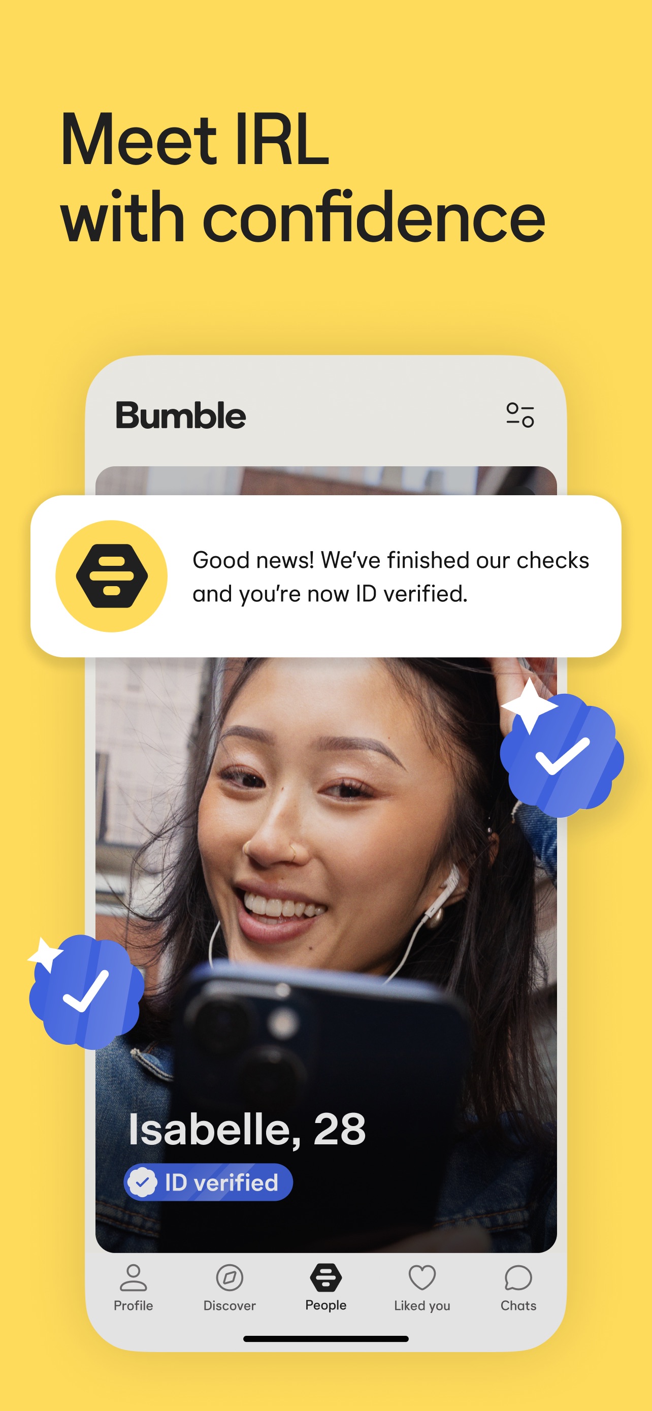 Bumble App Store screenshot: Meet IRL with confidence