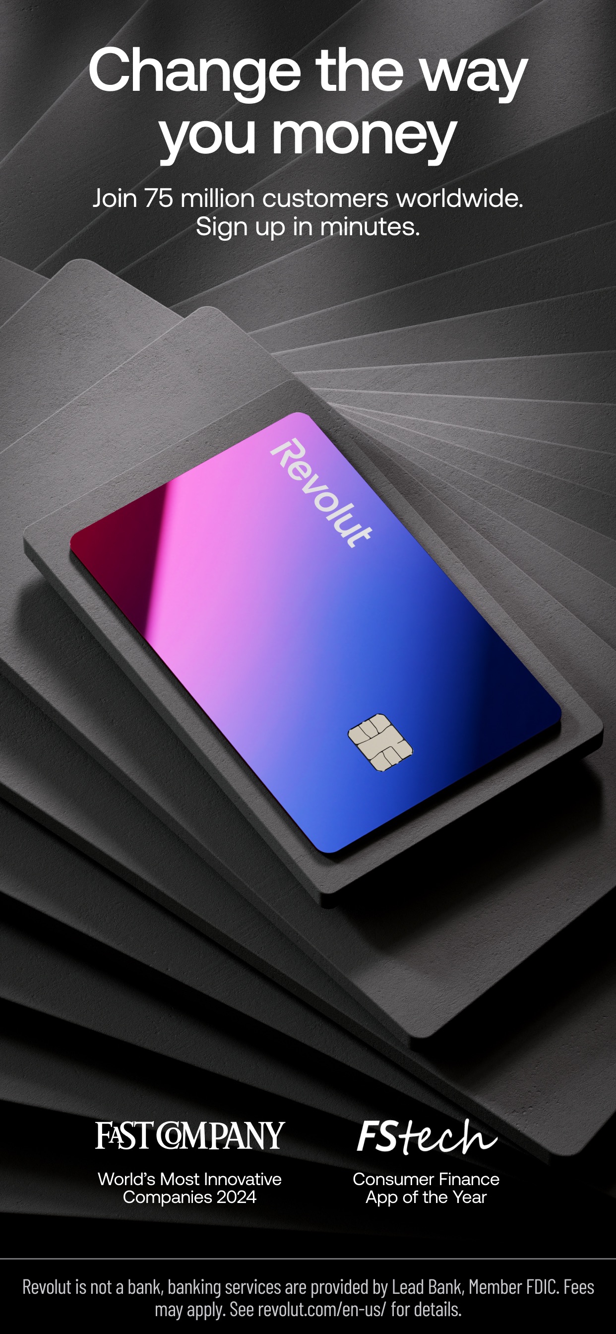 Revolut App Store screenshot: Change the way you money
Join 75 million customers worldwide. Sign up in minutes.