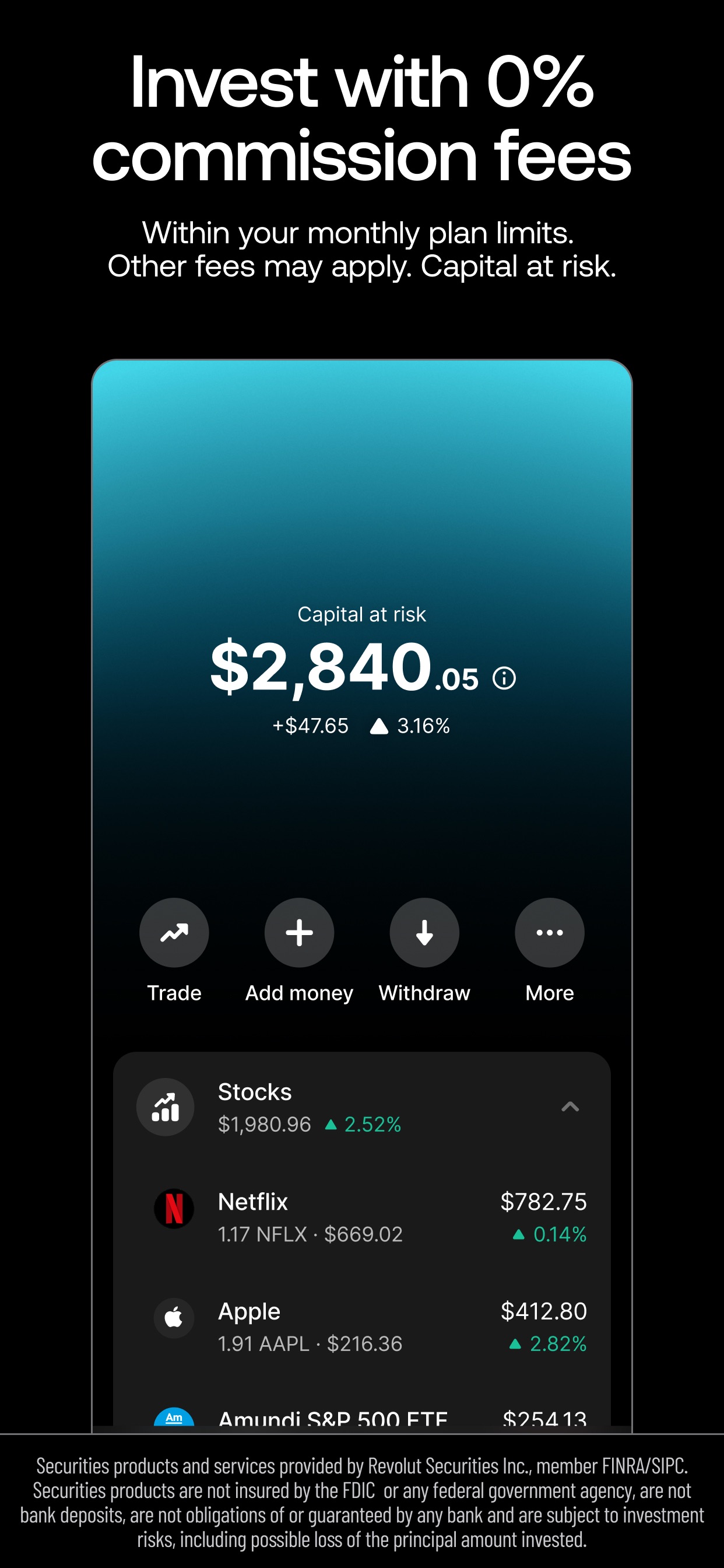 Revolut App Store screenshot 7: Invest with 0% commission fees
Within your monthly plan limits. Other fees may apply. Capital at risk.