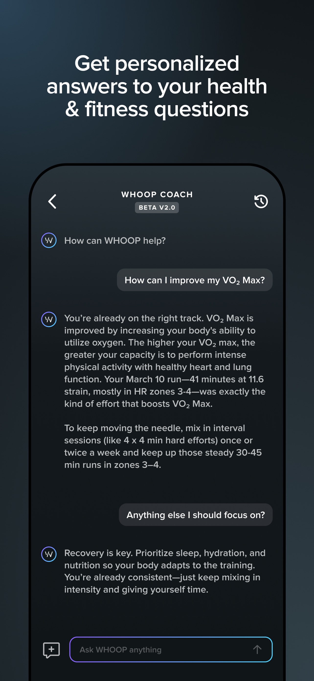 WHOOP App Store screenshot 6: Get personalized answers to your health & fitness questions