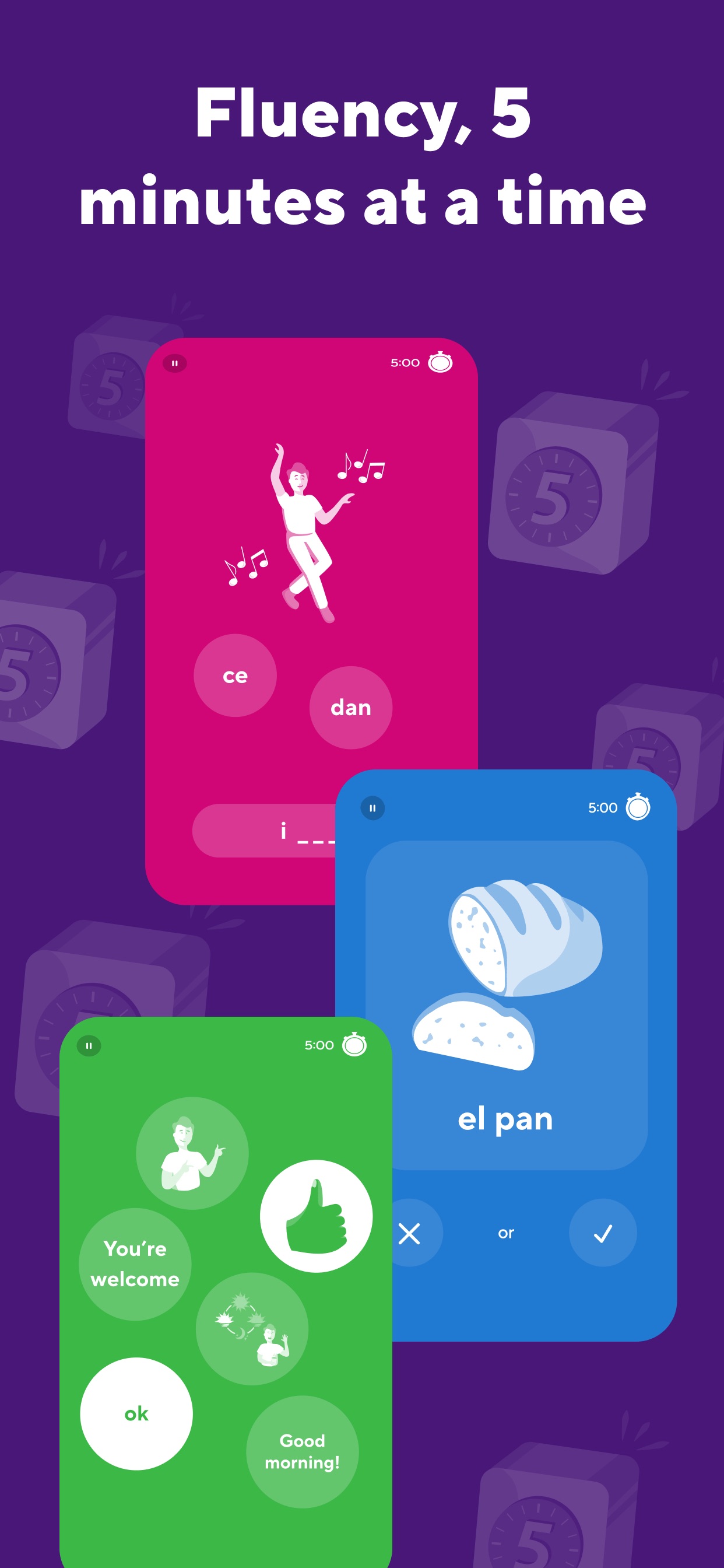 Drops App Store screenshot: Fluency, 5 minutes at a time