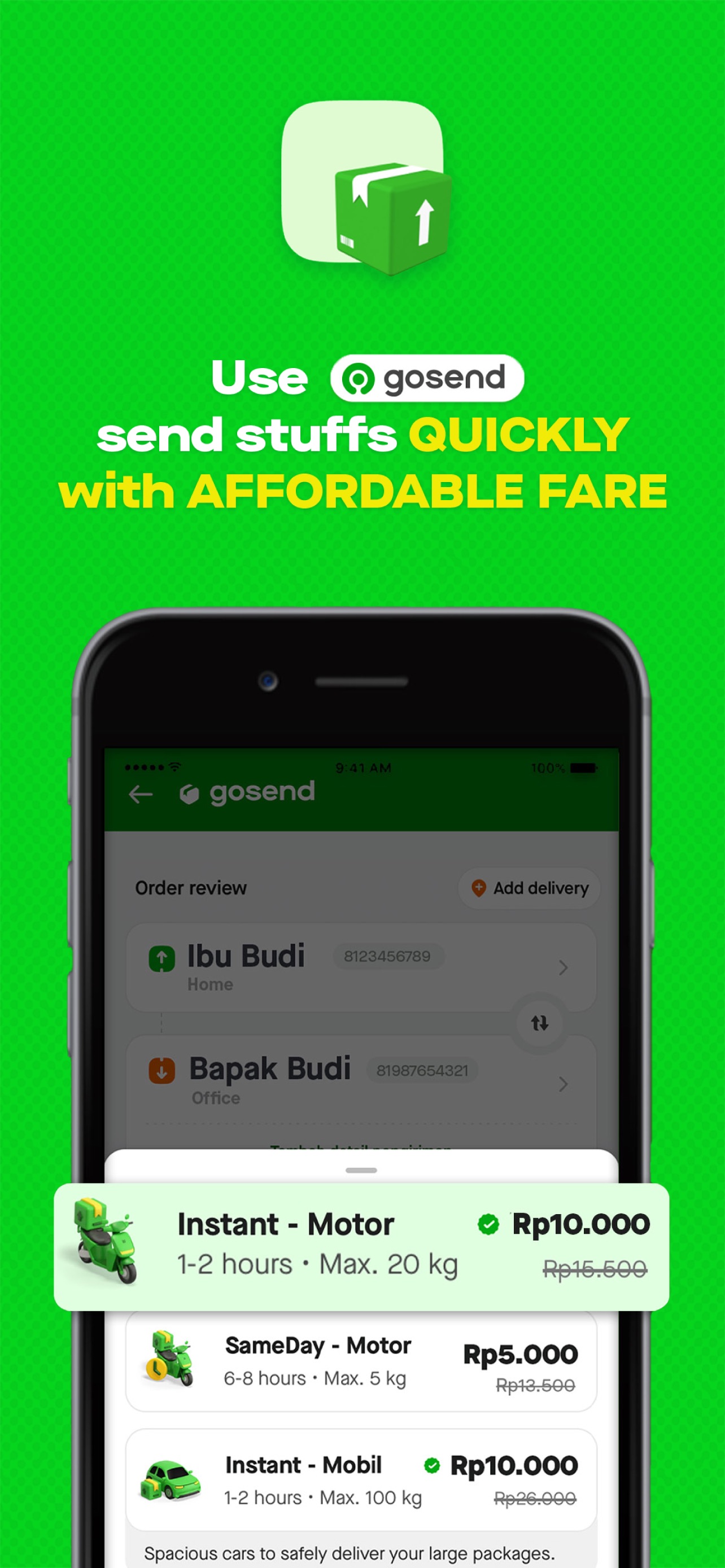 Gojek App Store screenshot 5: Use gosend send stuffs QUICKLY with AFFORDABLE FARE
