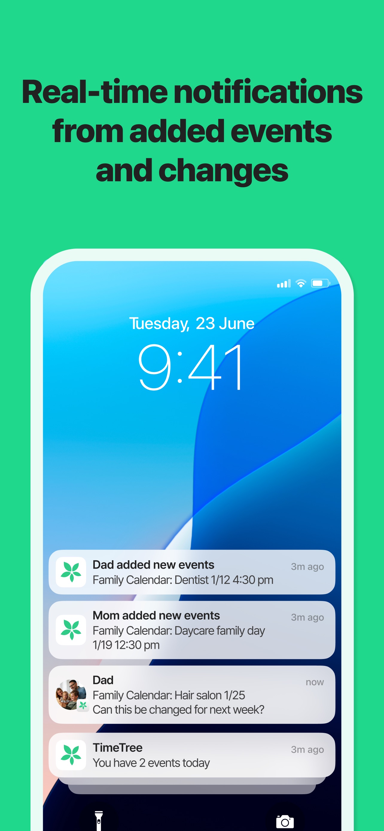 TimeTree App Store screenshot: Real-time notifications from added events and changes