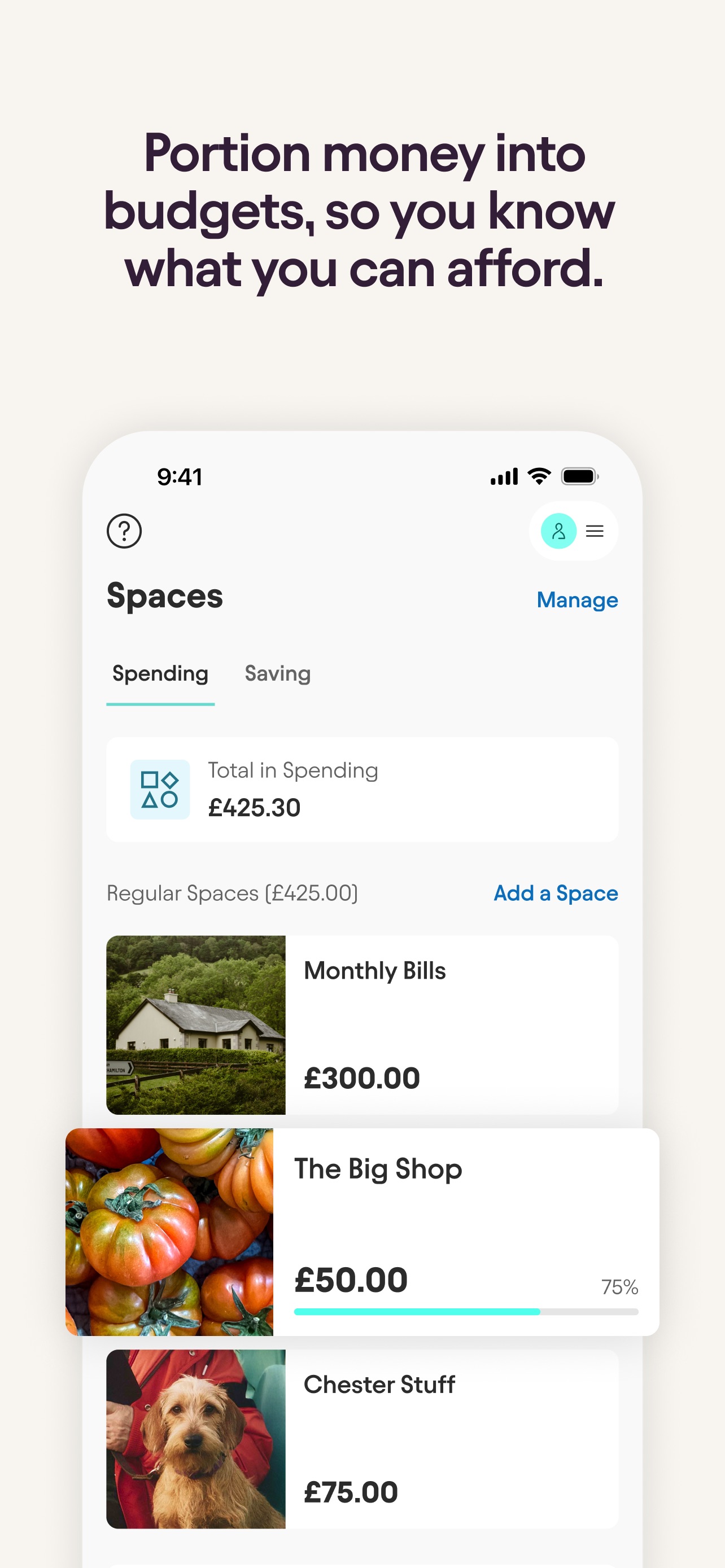 Starling Bank App Store screenshot: Portion money into budgets, so you know what you can afford.