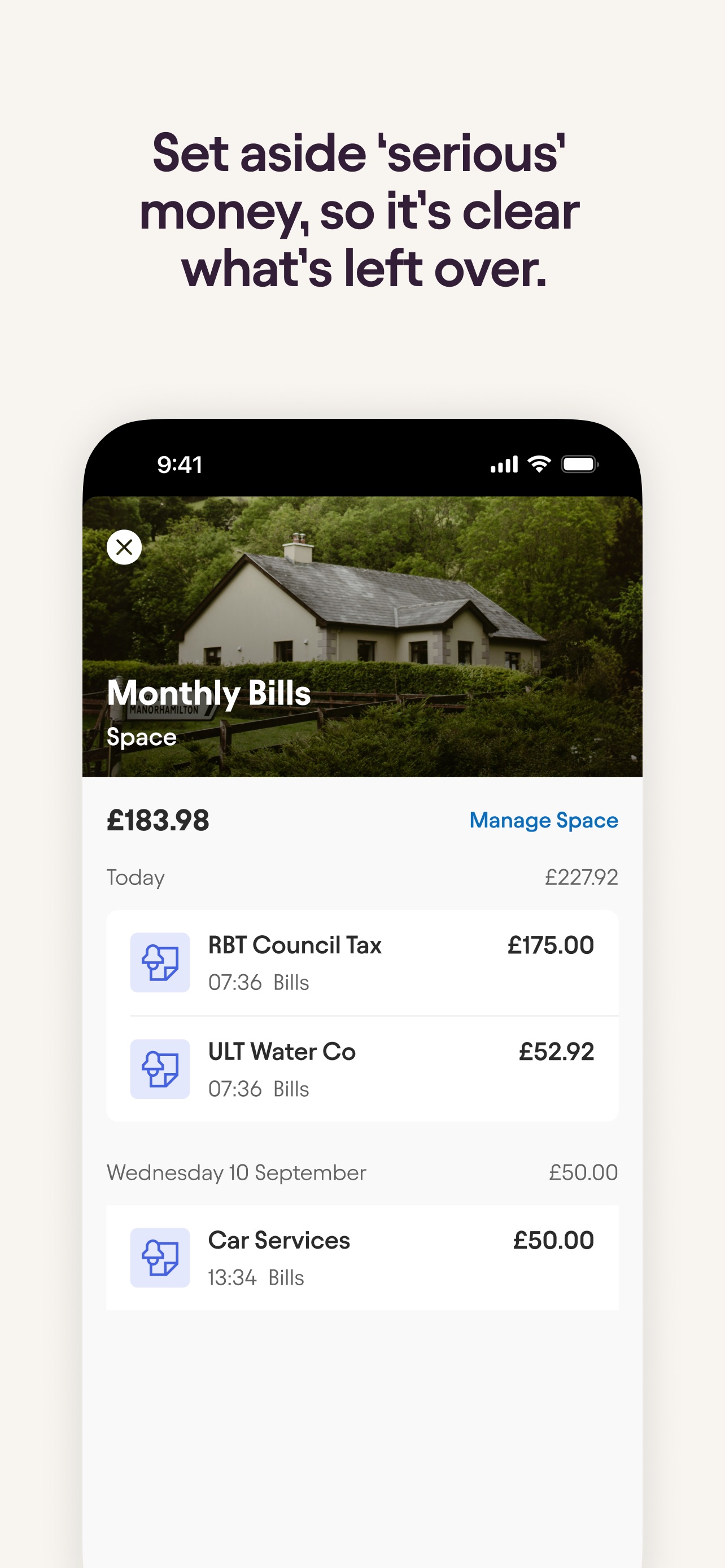 Starling Bank App Store screenshot: Set aside 'serious' money, so it's clear what's left over.
