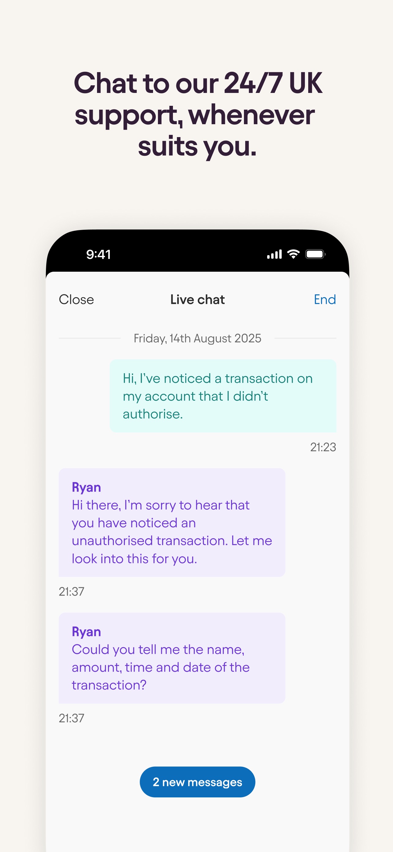 Starling Bank App Store screenshot 6: Chat to our 24/7 UK support, whenever suits you.
