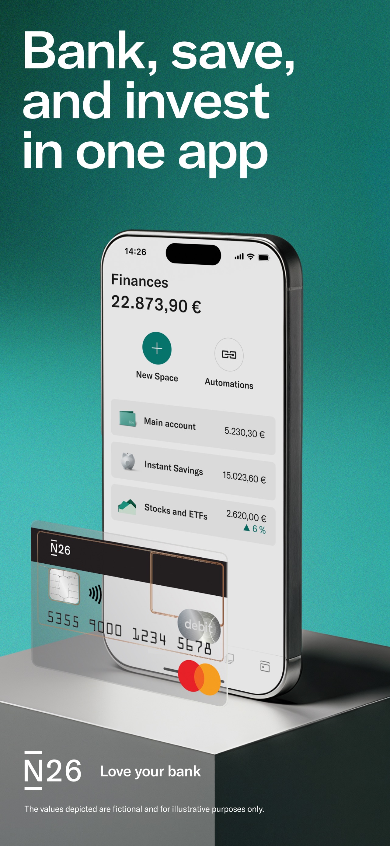 N26 App Store screenshot: Bank, save, and invest in one app
