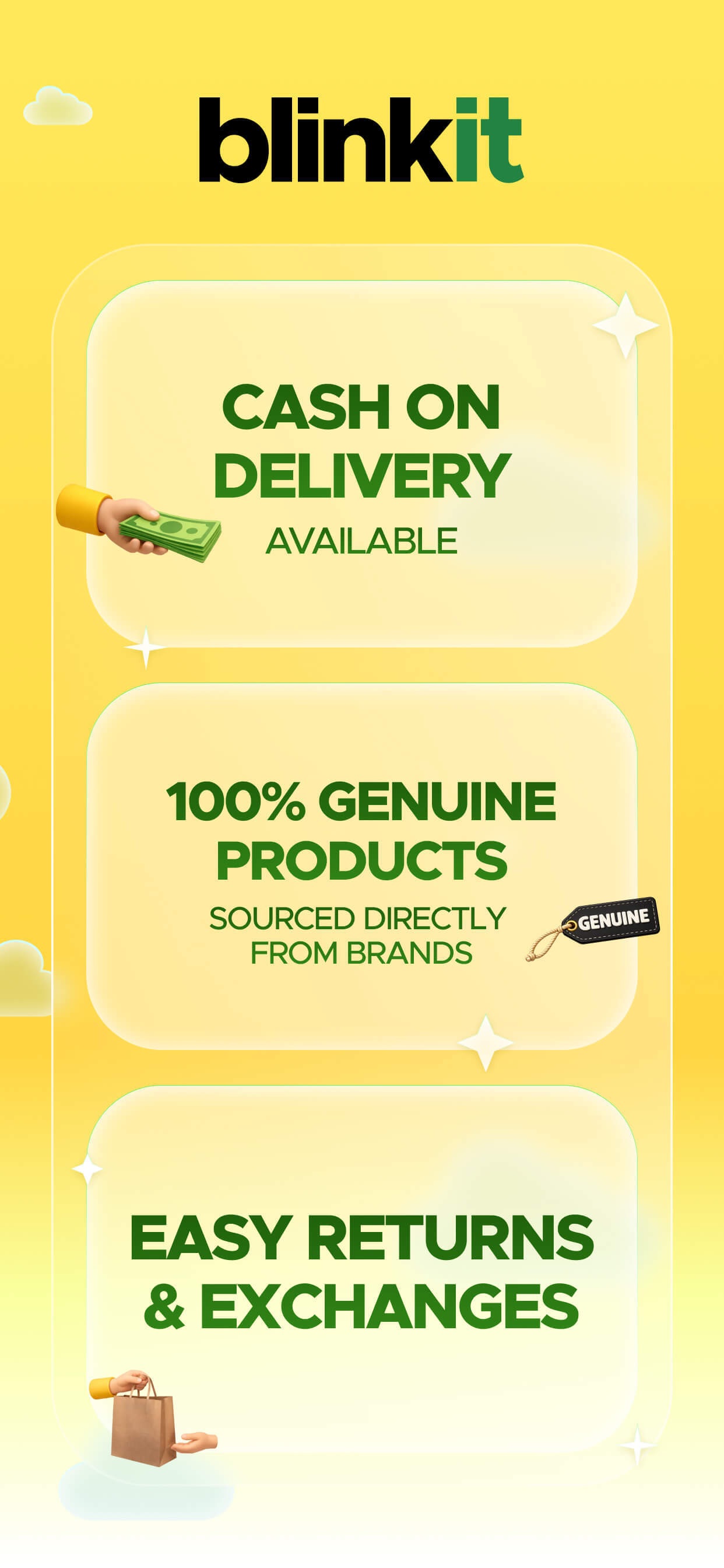 Blinkit App Store screenshot: CASH ON DELIVERY AVAILABLE 100% GENUINE PRODUCTS SOURCED DIRECTLY FROM BRANDS EASY RETURNS & EXCHANGES