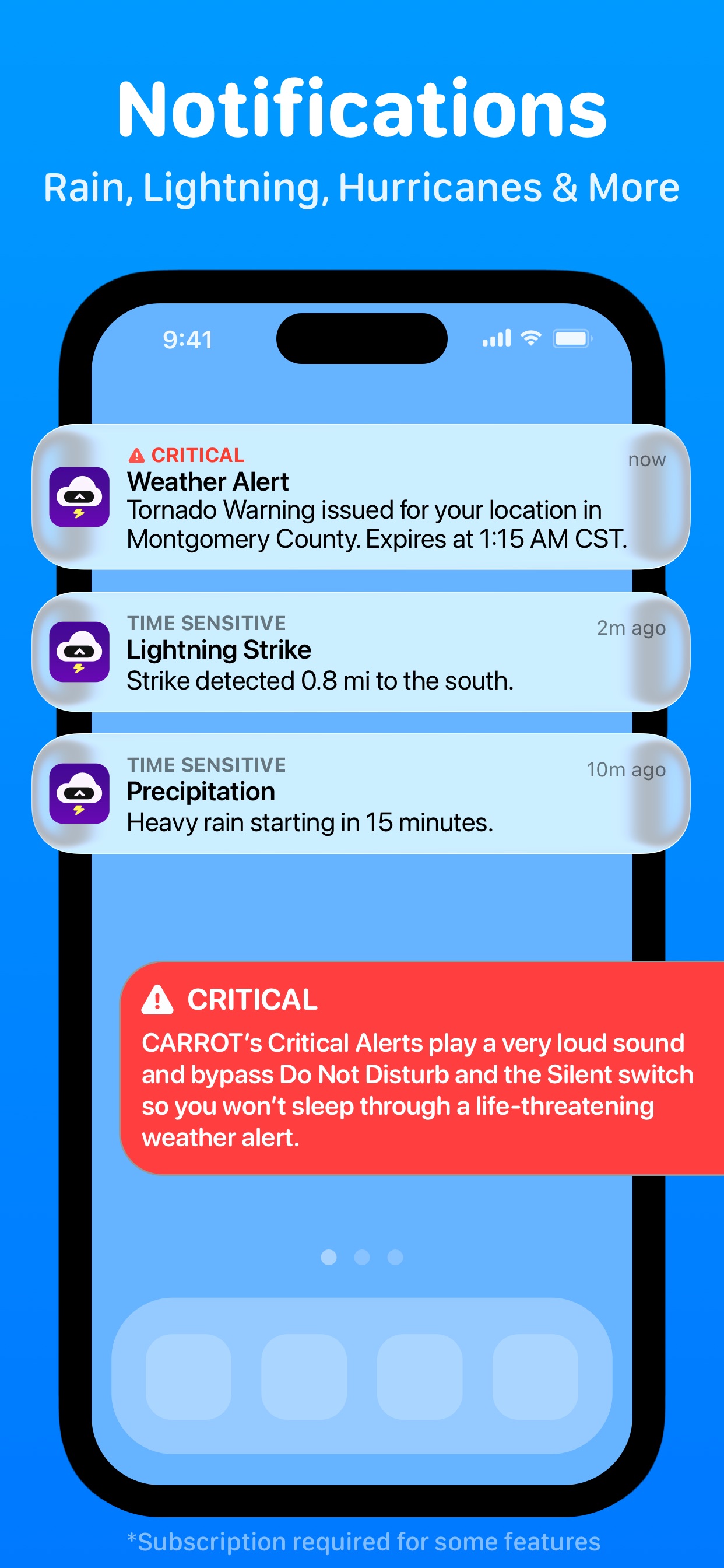 CARROT Weather App Store screenshot: Notifications Rain, Lightning, Hurricanes & More