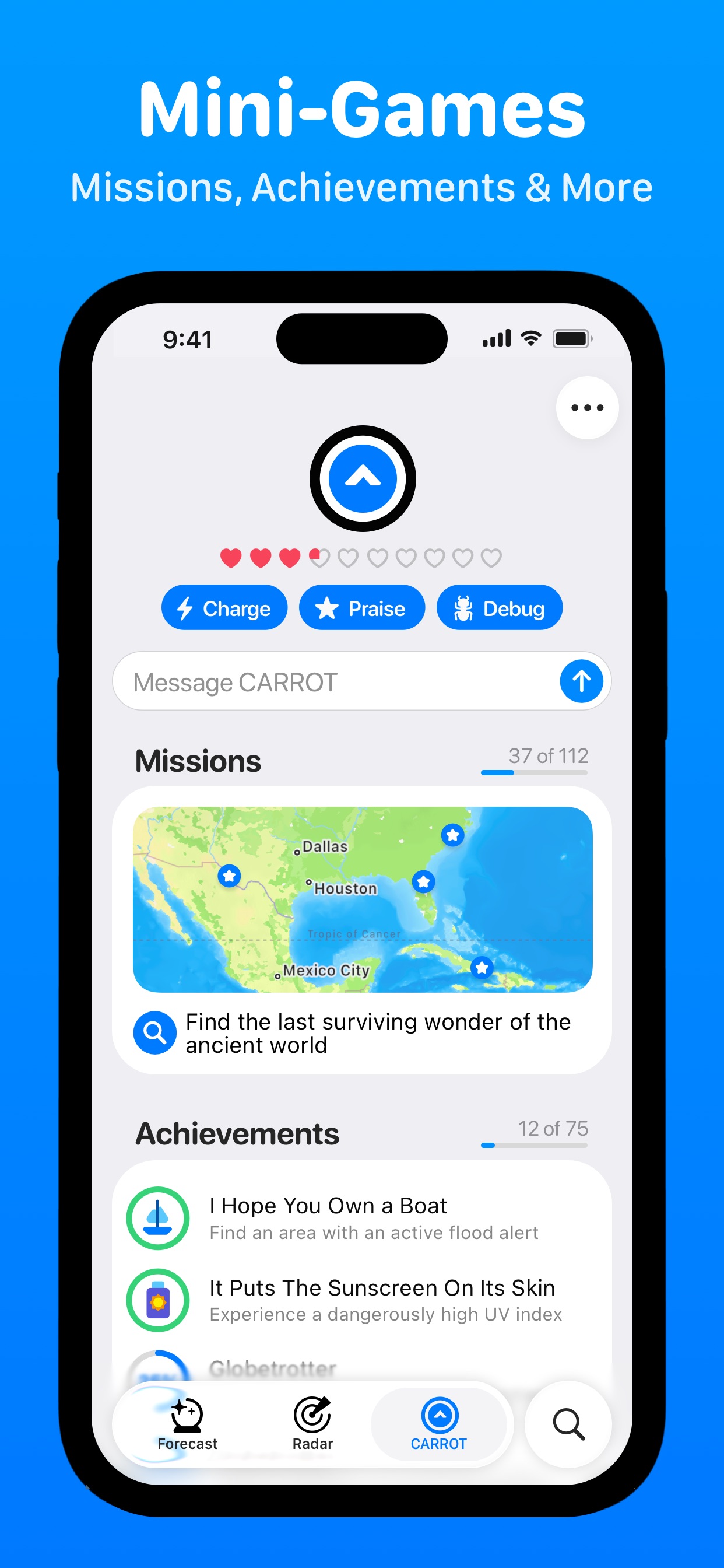 CARROT Weather App Store screenshot 9: Mini-Games Missions, Achievements & More