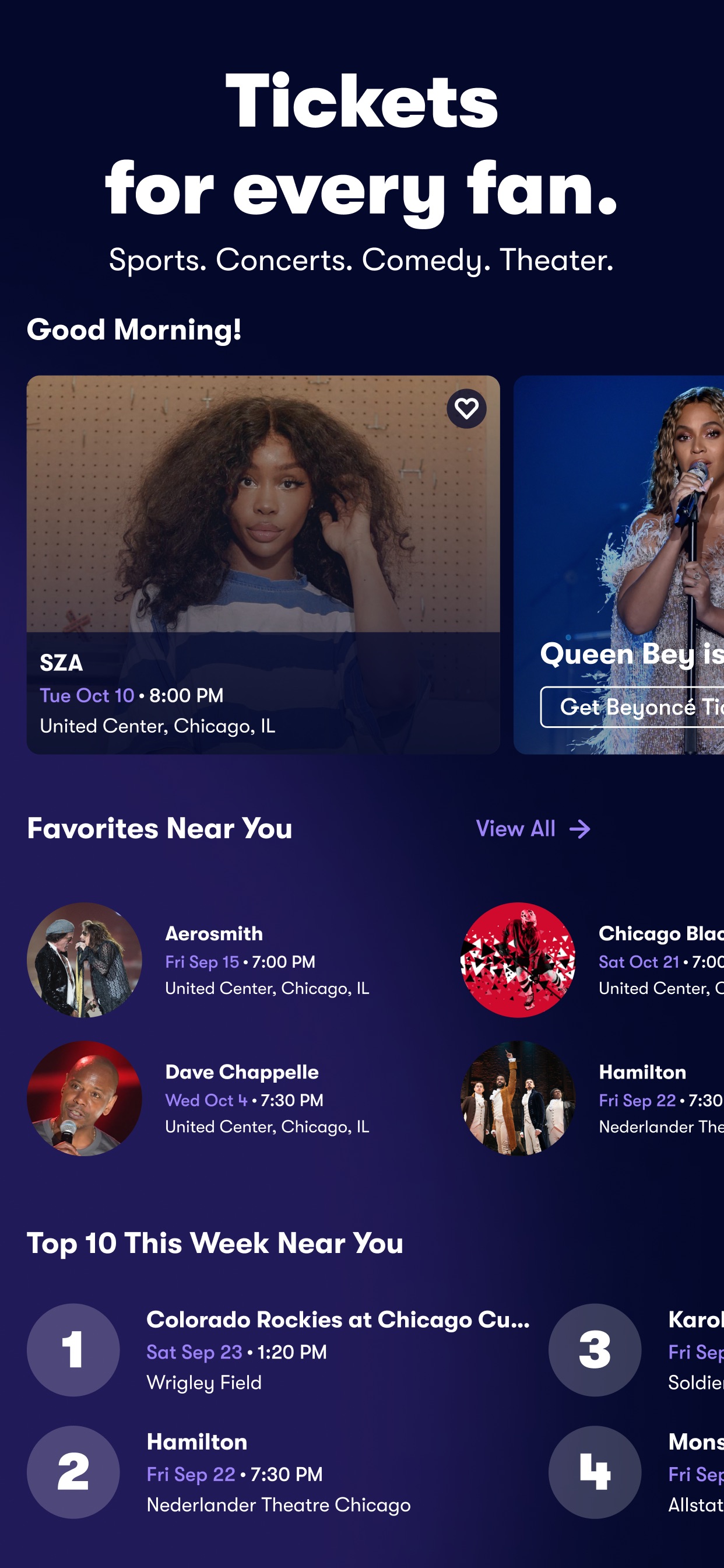 Vivid App Store screenshot: Tickets for every fan. Sports. Concerts. Comedy. Theater.