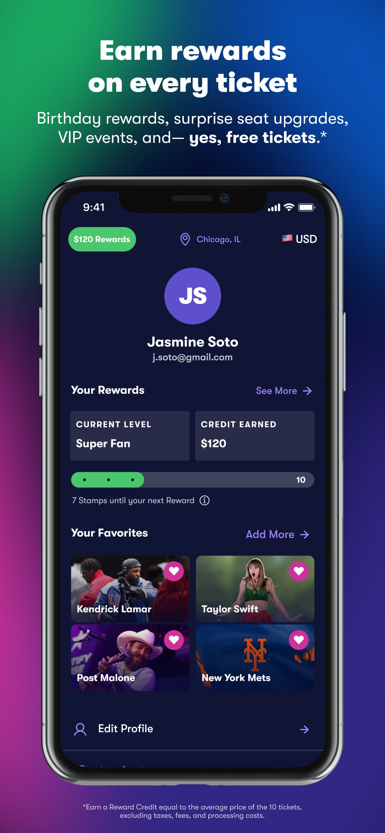 Vivid App Store screenshot: Earn rewards on every ticket Birthday rewards, surprise seat upgrades, VIP events, and- yes, free tickets.*