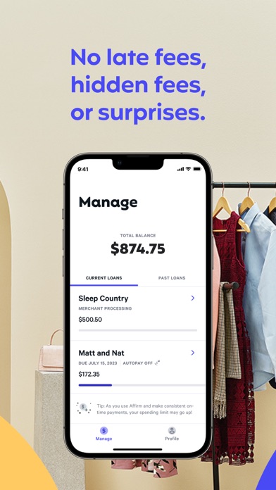 Affirm App Store screenshot: No late fees, hidden fees, or surprises.