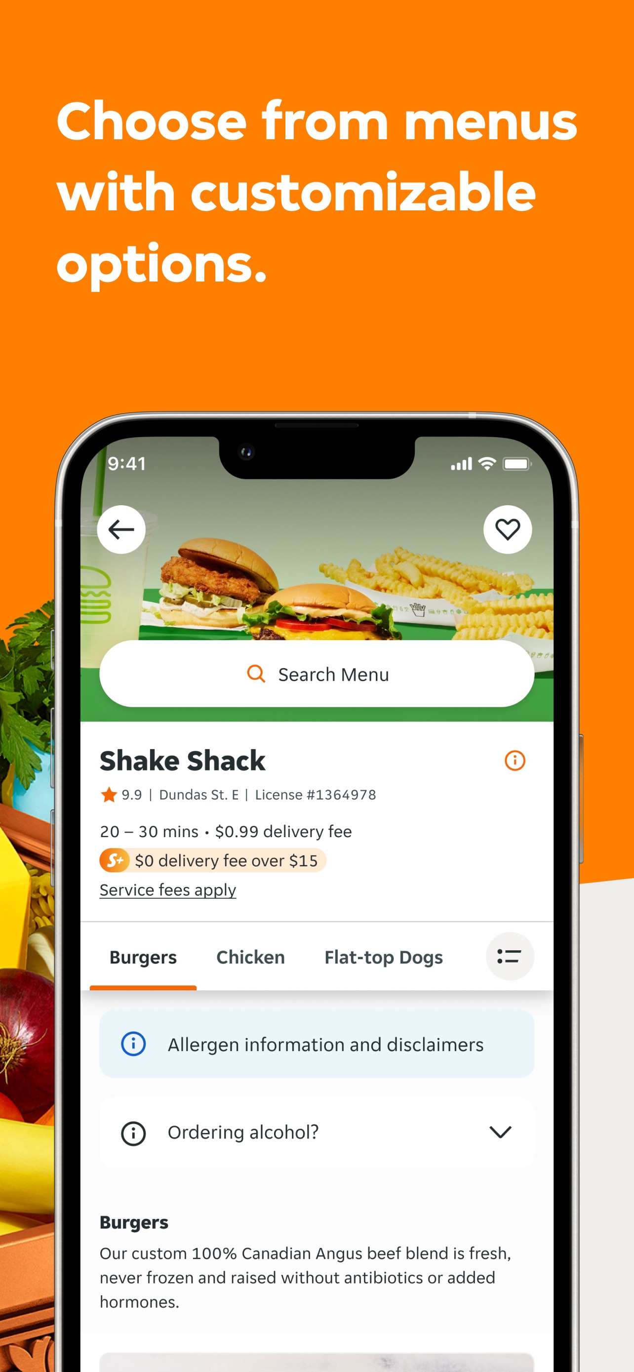 Skip App Store screenshot: Choose from menus with customizable options.