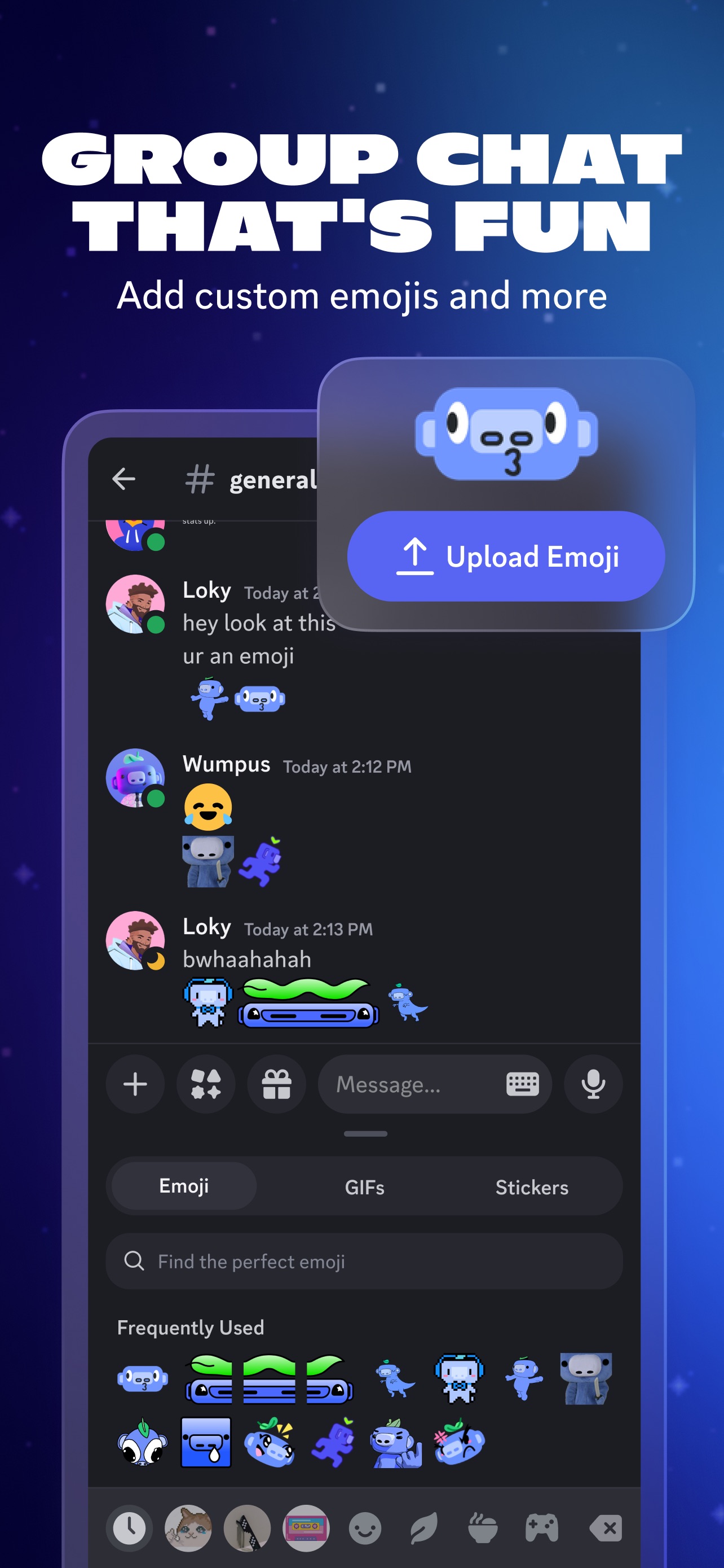 Discord App Store screenshot: GROUP CHAT THAT'S FUN Add custom emojis and more