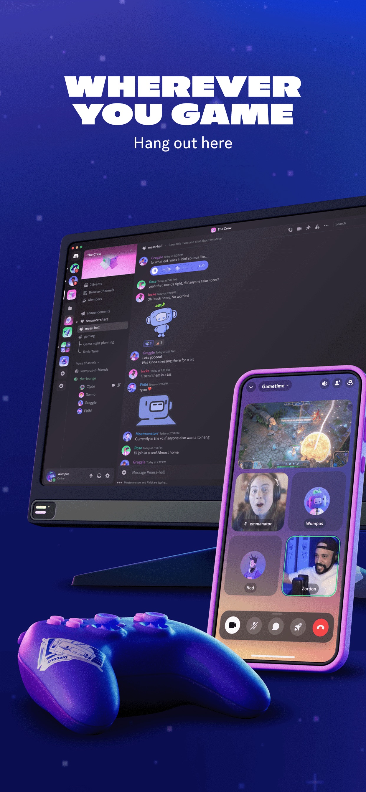 Discord App Store screenshot: WHEREVER YOU GAME Hang out here
