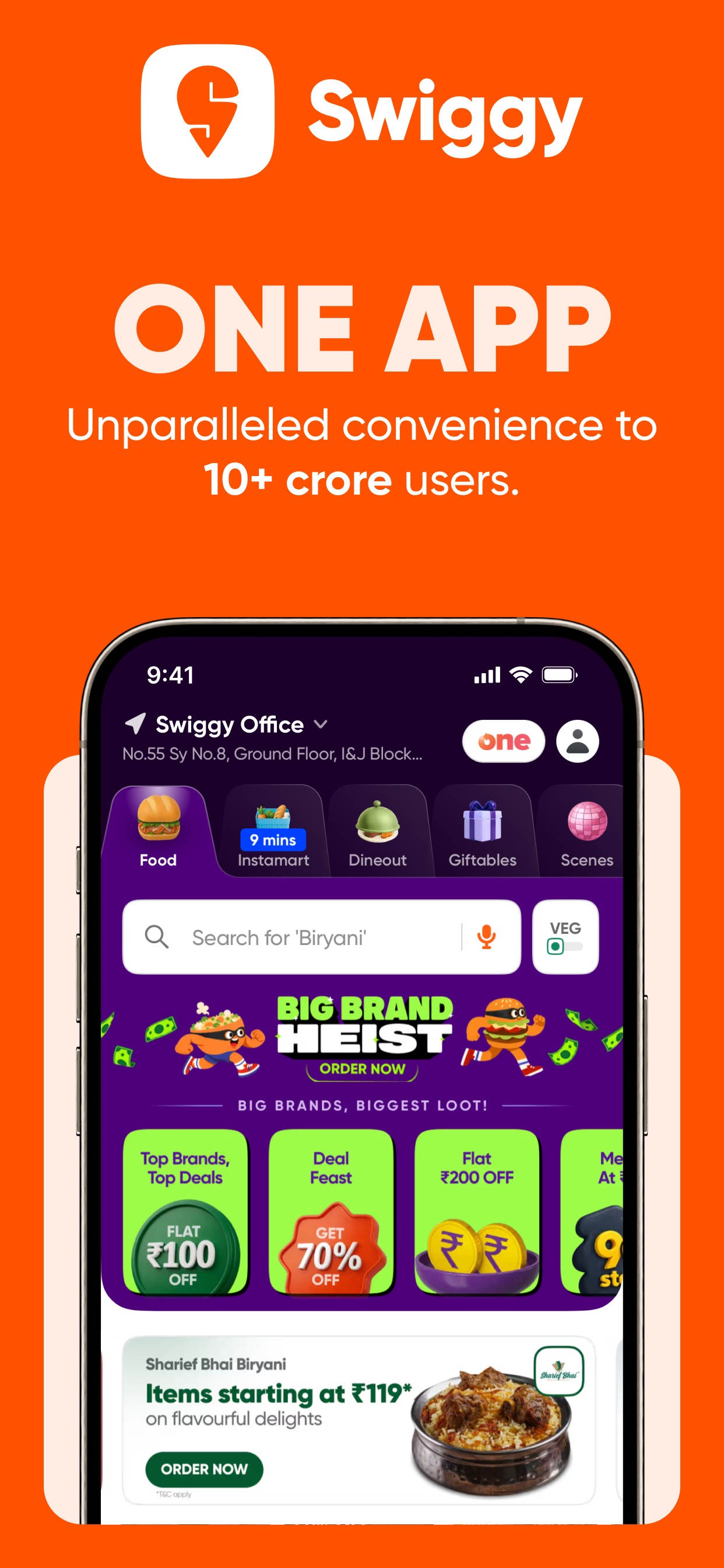 Swiggy App Store screenshot: ONE APP Unparalleled convenience to 10+ crore users.