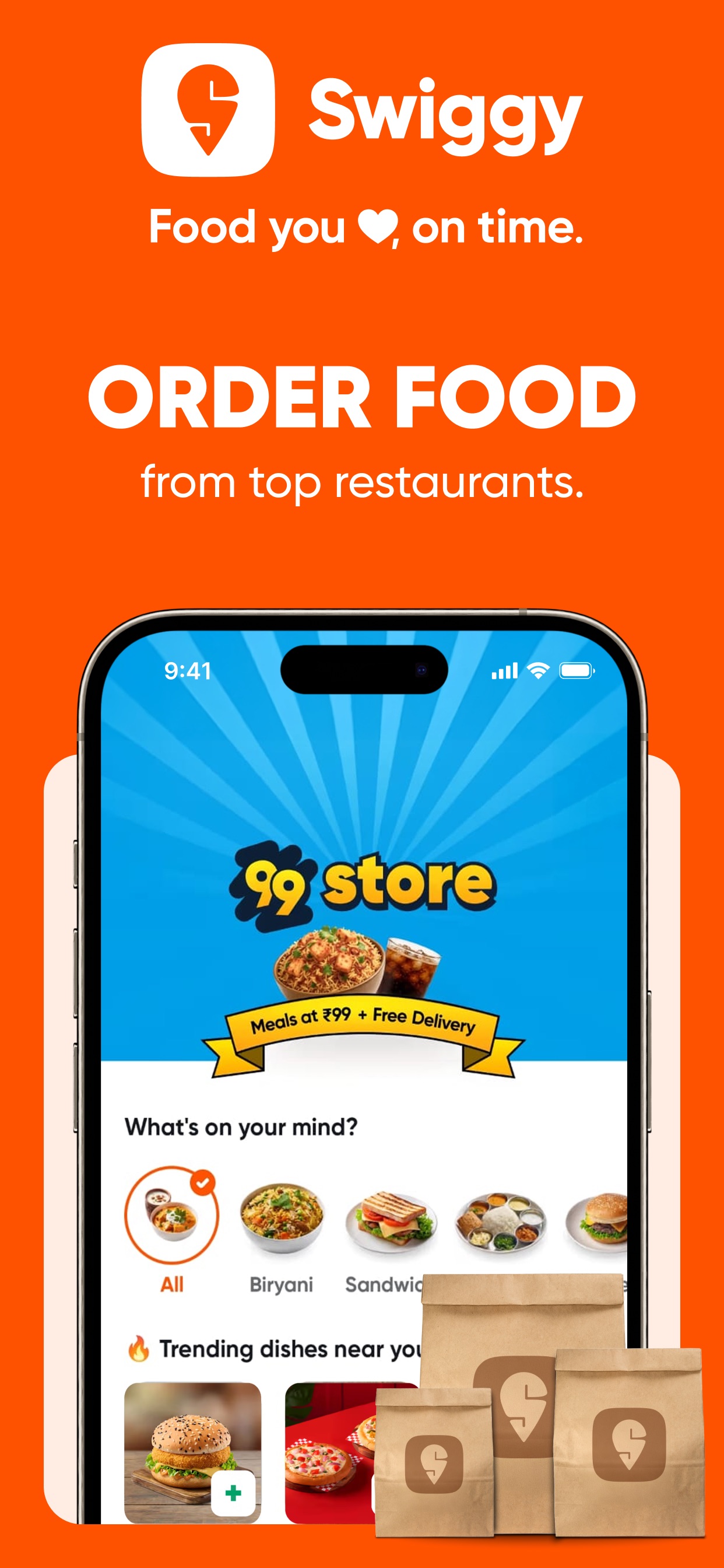 Swiggy App Store screenshot: Food you ❤️, on time. ORDER FOOD from top restaurants.