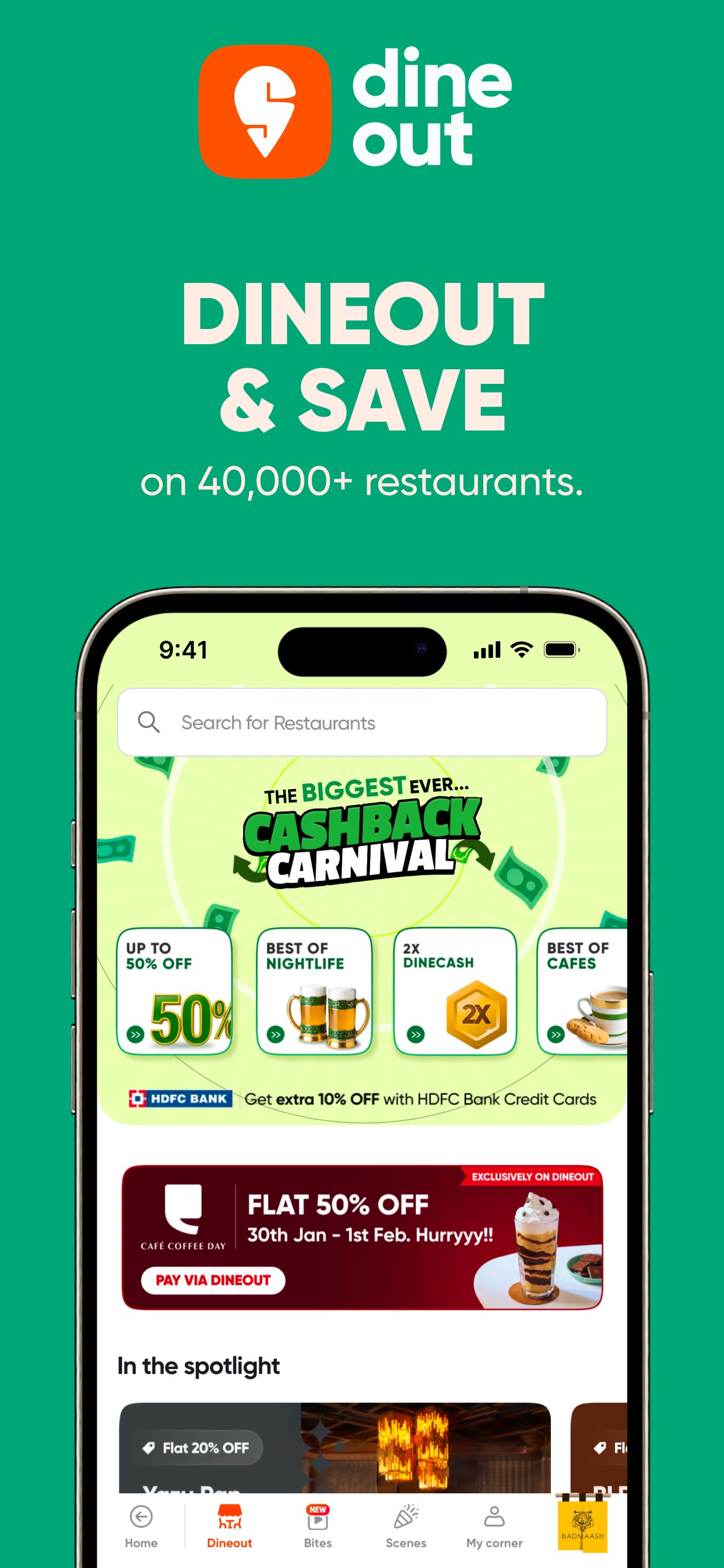 Swiggy App Store screenshot: dine out DINEOUT & SAVE on 40,000+ restaurants.