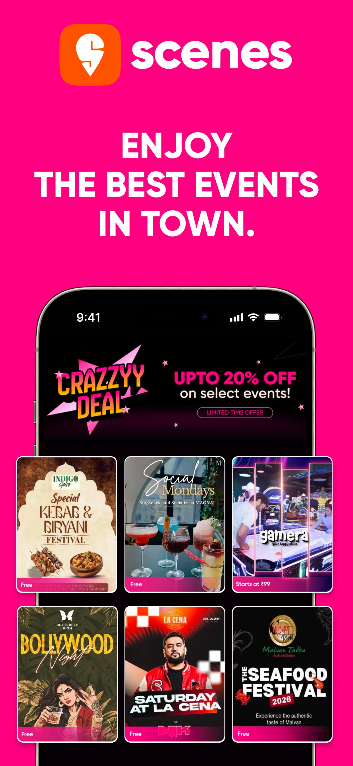 Swiggy App Store screenshot: scenes ENJOY THE BEST EVENTS IN TOWN.