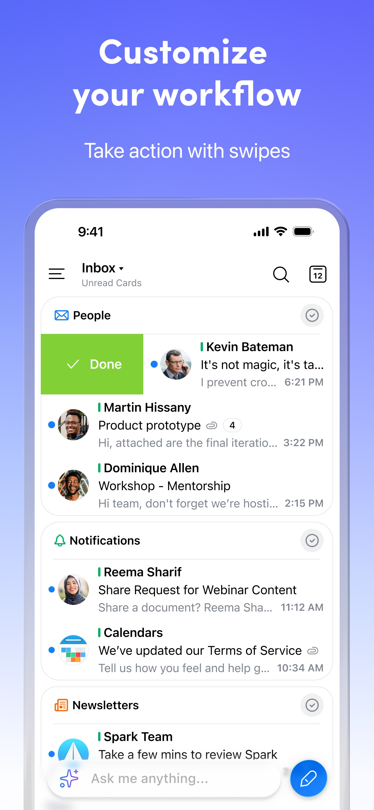 Spark Mail App Store screenshot 6: Customize your workflow
Take action with swipes